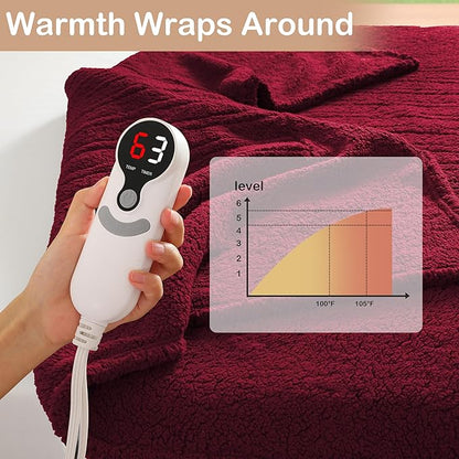 Electric Heated Blanket Full Size 72"×84" with 6 Heating Levels & 1-10Hs Auto Off, Heating Blanket Double Sided Plush Sherpa, Fast Heating, Machine Washable for Christmas Gift - Red