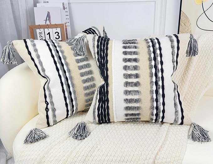 Boho Throw Pillow Covers 16x16 Aesthetic Neutral Boucle Couch Pillow Cover Rainbow Striped Decorative Accent Pillow Case for Couch Bed Sofa Farmhouse Bedroom,Modern Funky,Set of 2 Grey