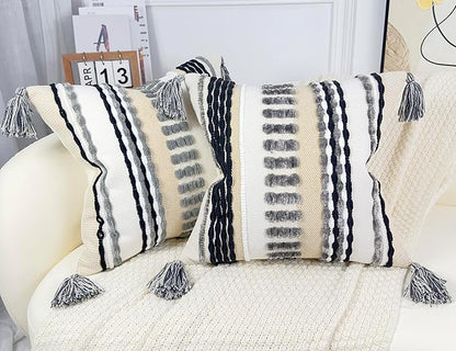 Boho Throw Pillow Covers 16x16 Aesthetic Neutral Boucle Couch Pillow Cover Rainbow Striped Decorative Accent Pillow Case for Couch Bed Sofa Farmhouse Bedroom,Modern Funky,Set of 2 Grey