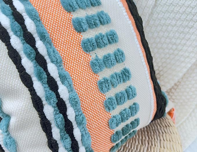 Boho Throw Pillow Covers 18x18 Aesthetic Neutral Boucle Couch Pillow Cover Rainbow Striped Decorative Accent Pillow Case for Couch Bed Sofa Farmhouse Bedroom,Modern Funky,Set of 2 Turquoise