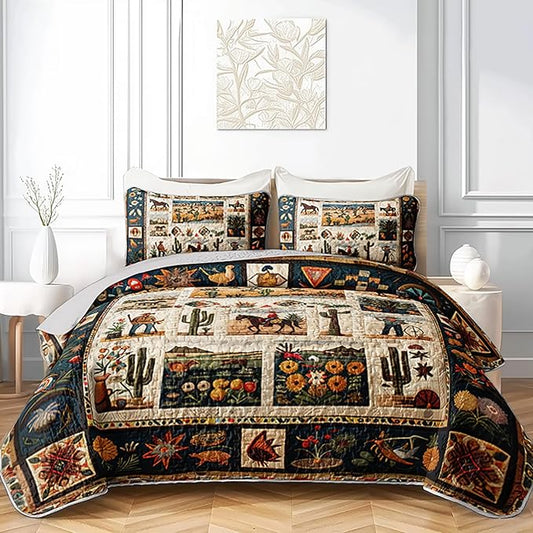 Western Wrangler Brown Horses Quilts Bedding Queen 3Pcs Chic Desert Scenery Cactus Bed Set Wild Plant Flower Pattern Bedspread Coverlet with 2 Pillowcases for Kid Boy Girl Teen Adult Room Decor