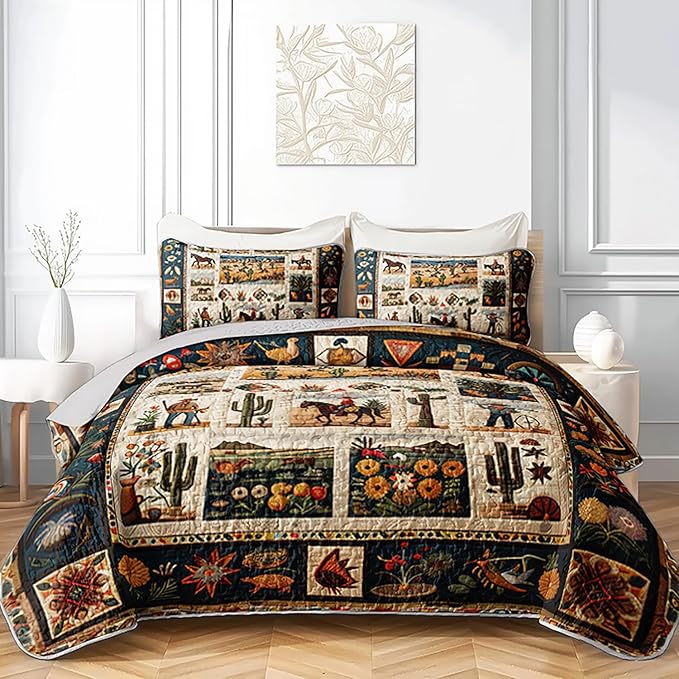 Western Wrangler Brown Horses Quilts Bedding King 3Pcs Chic Desert Scenery Cactus Bed Set Wild Plant Flower Pattern Bedspread Coverlet with 2 Pillowcases for Kid Boy Girl Teen Adult Room Decor