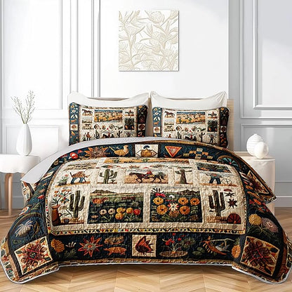 Western Wrangler Brown Horses Quilts Bedding Twin 3Pcs Chic Desert Scenery Cactus Bed Set Wild Plant Flower Pattern Bedspread Coverlet with 2 Pillowcases for Kid Boy Girl Teen Adult Room Decor