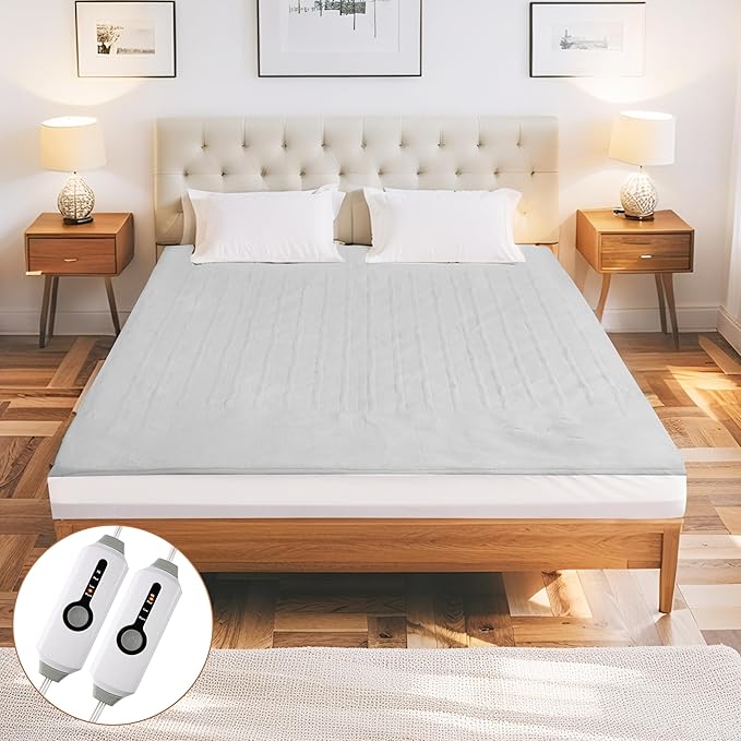 Electric Mattress Pad Queen Size 60"x80" with 10 Hours Auto Off 4 Heat Setting Dual Controller Fit Up to 15 Inch Deep Pocket, Machine Washable - Light Gray