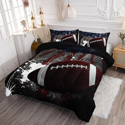 American Flag Comforter Set American Football Graffiti Printed Bedding Set with 1 Comforter and 2 Pillowcases for Boys and Girls Bedroom All Season(Football-2 Queen)