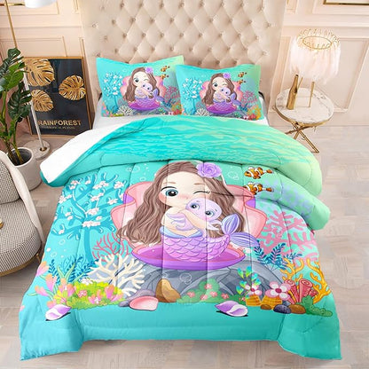 Mermaid Comforter Set Queen Size Fairy Tale Sea Shell Grass Bedding Set Fish Quilt Bed Set for Kid Girls with 1 Comforter and 2 Pillowcases