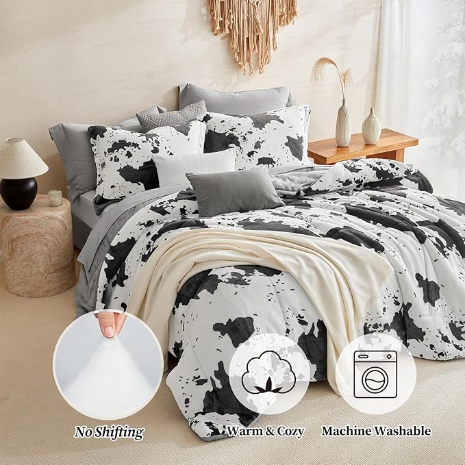 Petrichor Velvet Flannel Queen Comforter Set-Cow Print Western Style Blanket,Luxury Fuzzy Heavy Bedding Set, 3 Pieces Plush Winter Bed Set with Comforter (90"x90") & 2 Pillow Shams (20"x26")
