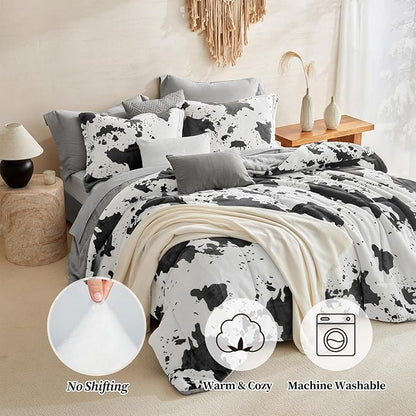 Petrichor Velvet Flannel Twin Comforter Set-Cow Print Western Style Blanket,Luxury Fuzzy Heavy Bedding Set, 2 Pieces Plush Winter Bed Set with Comforter (68"x88") & 1 Pillow Shams (20"x26")