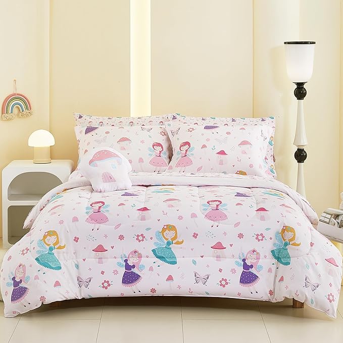 Mooreeke Twin Size Comforter Sets for Girls Kids, 6 Pieces Bed in a Bag Pink Fairy Bedding Comforter Sheet Set with Shams and Decorative Toy Pillow, Ultral Soft Microfiber Kids Bed Set
