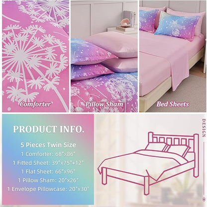 Menghomeus Girls Comforter Set Twin Size 5 Pieces Bed in A Bag Ombre Pink Rainbow Bedding Set Dandelion Butterfly Print Kids Bedding Collections
