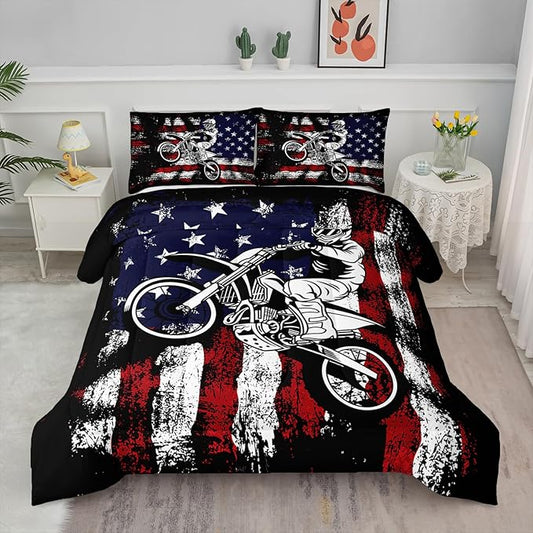 Axolotl Dirt Bike Comforter Set Twin, American Flag Bedding Set, Motocross Comforter,White Red Stripes Stars Bedding, Motorcycle Racer Quilt for Boys Kids Teens Men, 1 Dirt Bike Quilt 2 Pillowcases