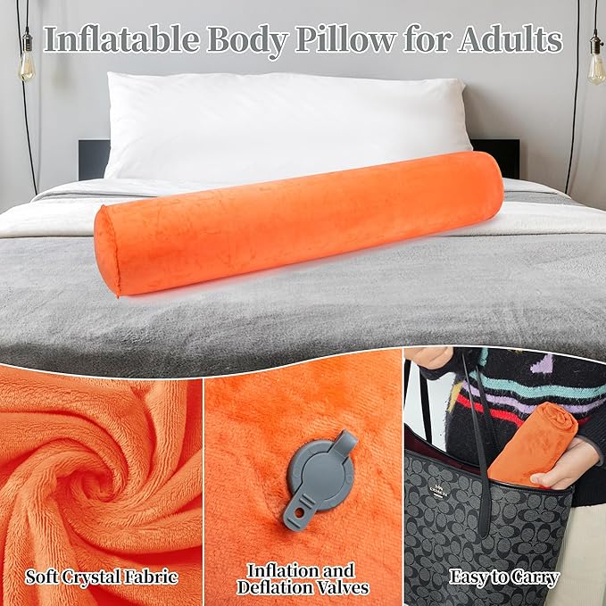 Inflatable Body Pillow for Adults Kids, 47 Inch Body Pillows for Side Sleeper, Travel Body Pillow for Bed, Long Bolster Pillow Round Cervical Cylinder Pillow for Sleeping
