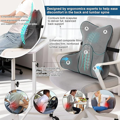 Lumbar Support Pillow – Ergonomic Multi-Zone Back Cushion for Lower Back Pain Relief, Ideal for Office Chair, Car Seat & Home Reading,Steel Gray
