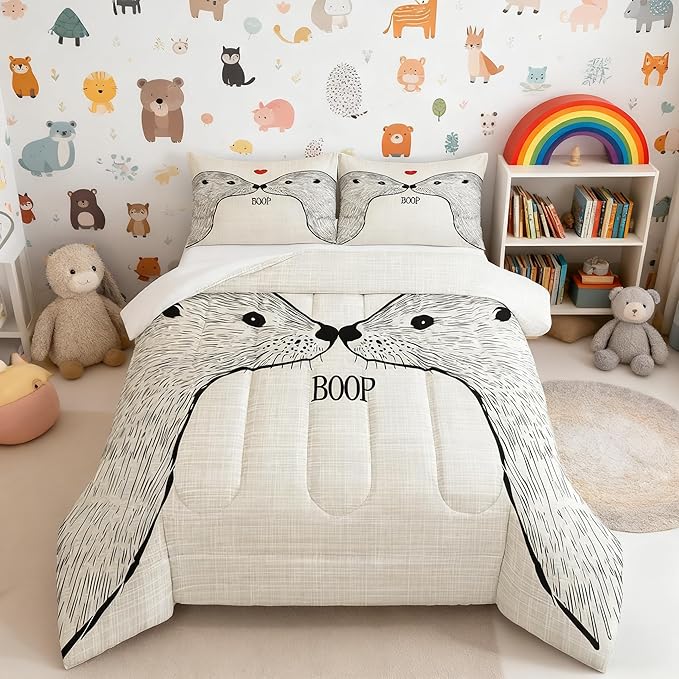 Teens Cute Enhydra Lutris Comforter Set Queen Size,Cartoon Sea Animals Bedding Set for Kids Boys Girls Bedroom Decoration,Sea Otter Couple Bed Duvet Insert,Romantic Comforter with 2 Pillowcases