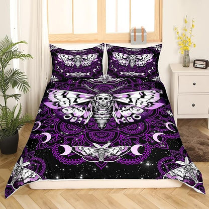 Castle Fairy Moth Skull Comforter Cover Full Size,Gothic Butterfly Skeleton Duvet Cover with 2 Pillowcases,3 Piece,Purple Mandala Stars Moon Polyester Bedding Set for Boys Teens Bedroom Decor