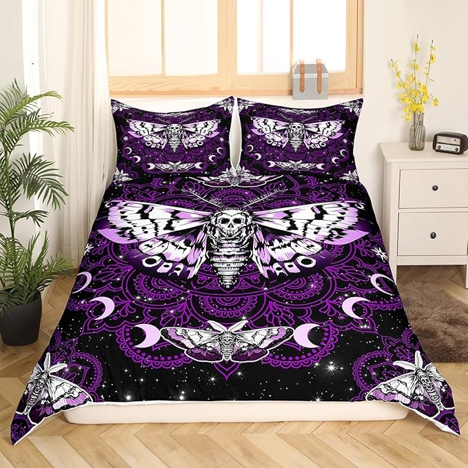 Moth Skull Duvet Cover Set King Size,Gothic Butterfly Skeleton Comforter Cover with 2 Pillowcases,Purple Mandala Stars Moon Modern Bedding Set for Adult Young Bedroom Xmas Gift