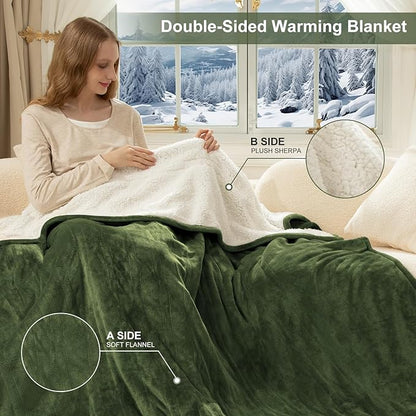 Heating Blanket Queen Size Washable - 84 x 90 Inch Double Zone Electric Blanket with 10 Hours Auto Off, 5 Heat Settings, Soft Flannel Sherpa Heated Blanket for Bed, ETL Certified, Green