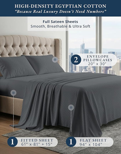 LANE LINEN 100% Egyptian Cotton Sábanas Full Size, Soft & Comfy Natural Cooling Mercerized Cotton Sheets Full Size, No Pill Fade Resistant 15" Deep Pocket Jaquard Swiss Dot - Charcoal