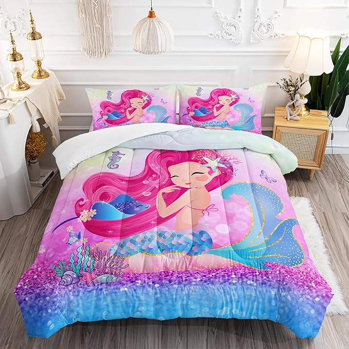 Mermaid Butterfly Comforter Set Full Size Fairy Tale Sea Shell Grass Bedding Set Colorful Rainbow Quilt Bed Set for Kid Girls with 1 Comforter and 2 Pillowcases