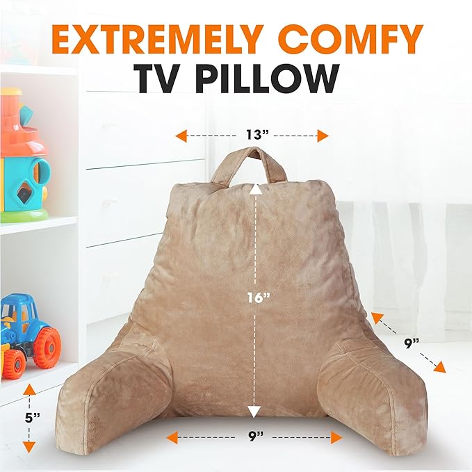Cheer Collection Reading Pillow with Arms – Portable Bed Pillow for Sitting Up & Support, Hollow Fiber-Filled Back Rest Pillow for Sitting in Bed & Couch, Machine Washable, Taupe (Small)