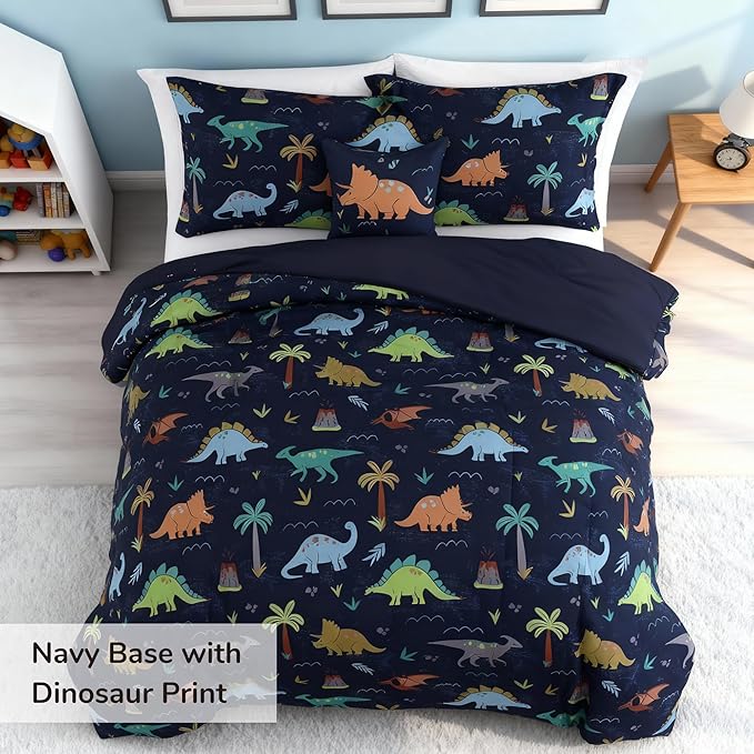Kids Comforter Set Full Size for Boys, Navy Dinosaur Bedding Set 1 Comforter, 1 Decor Pillow, 2 Pillow Shams