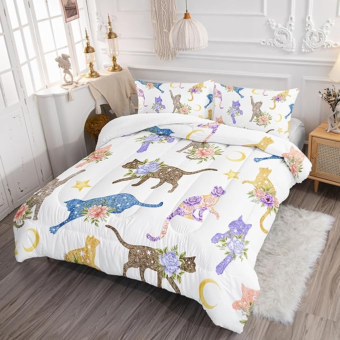 Cat Comforter Set Queen Size, Colorful Cat with Flowers Duvet Set, White Comforter with Moon and Star Pattern, Gift for Bedroom Decor