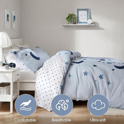Intelligent Design Kids Cosmos Twin Size Duvet Set – Blue Star and Moon Tufted Chenille, Reversible 2-Piece Bedding with Star Pillow