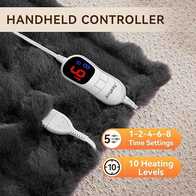 Heated Blanket Queen Size with 1/2/4/6/8 Hours Auto-Off 10 Heat Level, 71'' * 83'' Cozy Faux Rabbit Fur Bubble Electric Blanket with Overheat Protection(Dark Grey)