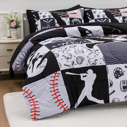 A Nice Night Sports Geometric Grid Black Patchwork Baseball Printed for Boys Queen 6Pcs Bed in A Bag Comforter Bedding Set,Black