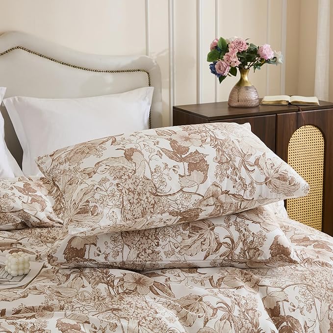 Khaki Floral Duvet Cover Queen Size 100% Cotton Vintage Botanical Duvet Cover Set 3 Pcs Soft Flower Bedding Set Breathable and Lightweight