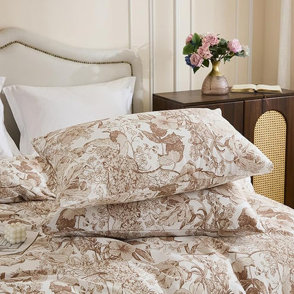 Khaki Floral Duvet Cover Queen Size 100% Cotton Vintage Botanical Duvet Cover Set 3 Pcs Soft Flower Bedding Set Breathable and Lightweight