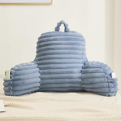 Faux Fur Fluffy Dusty Blue Reading Pillow with Pockets, Luxury Striped Plush Decorative, Arm Rests and Back Support for Bed Rest, Lounging on Sofa, Extra Large Size for Adult.