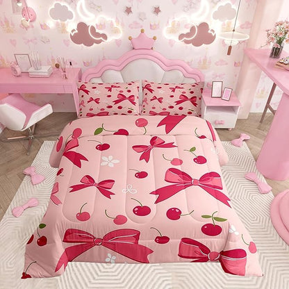 Feelyou Hot Pink Bow Comforter Set for Girls Boys Kids Toddler Size Cheery Comforter Room Decor Cute Bedding Set Princess Style Duvet Set