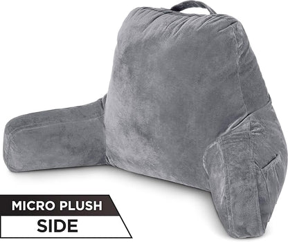 Husband Pillow Aspen Iron Grey, Reading Pillow Bed Rest Chair, Two-Sided Reversible Fabric, Large Lounge Cushion Adult Backrest with Arms, Comfy Back Support for Sit Sitting Up, Wash/Removable Cover
