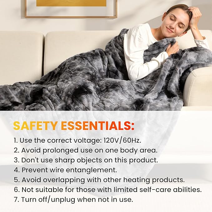 WOOMER Heated Blanket Throw 50" x 60", Electric Blanket Throw with 4 Heating Levels & 4H Auto Off, ETL Certified, Marble Grey Double-Sided Faux Fur, Over-Heat Protect, Machine Washable
