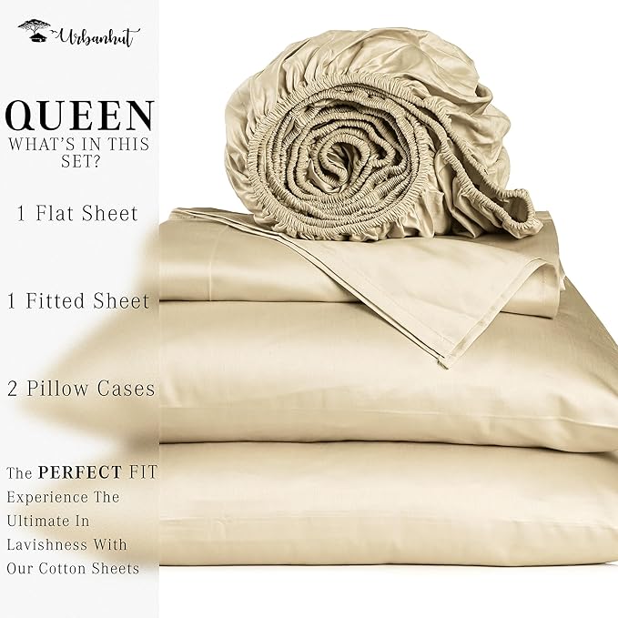 URBANHUT 1000 Thread Count Queen Size Egyptian Cotton Sheets, Long Staple Soft & Breathable, 4 Pc Bed Sheet Sets, Luxury Hotel Sateen Sheets Fits 16" Deep Pocket - Sand