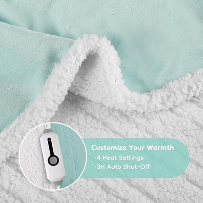 Electric Heated Blanket Throw Size - 50"x60", Soft Flannel Heating Blanket, 4 Heating Levels, 3 H Auto Shut Off, Breathable Warm and Washable for Sofa, Mint Green