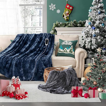 Sealy Electric Blanket Heated Throw, Faux Fur Heating Blanket with 6 Heat Settings & 2-10 Hours Auto Shut Off, Fast Heating & ETL Certification, 50x60 Inch, Navy Blue