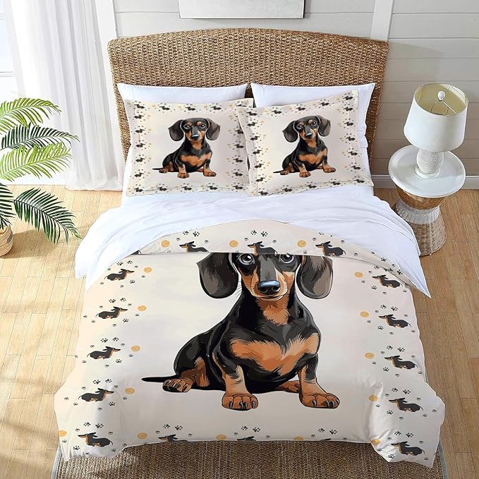 Dachshund Bedding Set Puppy Daschund Animal Theme Comforter Set Covers for Kids Girls Women Wiener Dog Duvet Cover Bedroom Decor Soft Queen Size Quilt Cover with 2 Pillowcases