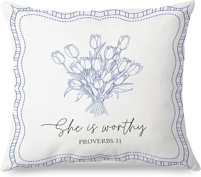 Proverbs 31 Christian Pillow Covers 18x18, Christian Gifts for Women Teen Girls, Blue Tulip Floral Bible Verse Scripture Throw Pillow Covers for Girls Room Dorm, Proverbs 31 Woman Gifts