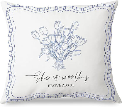 Proverbs 31 Christian Pillow Covers 18x18, Christian Gifts for Women Teen Girls, Blue Tulip Floral Bible Verse Scripture Throw Pillow Covers for Girls Room Dorm, Proverbs 31 Woman Gifts