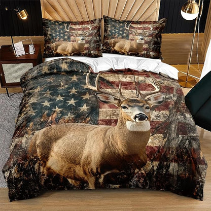 Deer Twin Duvet Cover Sets,Deer and American Flag Bedding Sets for Hunter Bedroom Decor, 1 Duvet Cover 2 Pillowcases Comforter Cover for Adult Teen boy,Twin