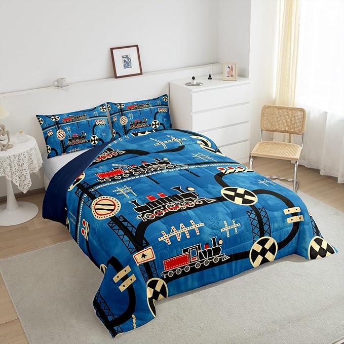 Erosebridal Cartoon Train Bedding Sets Twin for Toddler Kids Boys Vintage Steam Engine Comforter, Travel Railway Track Transportation Bedding Construction Traffic Signs Retro Car Decor Quilt