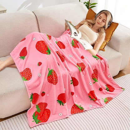 Pink Strawberry Kids Throw Blanket for Girls Teens Toddler Pink Soft Fuzzy Flannel Bed Blanket Birthday Gifts for Women Girls Kids Teens Adults, 60”x80”