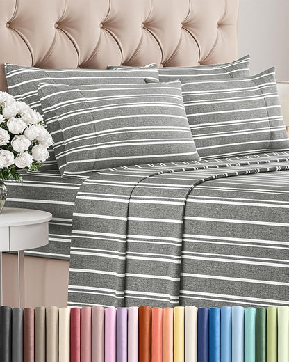 Full 6 Piece Sheet Set - Comfy Breathable & Cooling - Soft Hotel Luxury Bedding Set with 8-16 Inch Deep Pockets - 1 Flat & 1 Fitted Sheet & 4 Pillowcases - Wrinkle Free & Easy Care - Grey Stripes 3