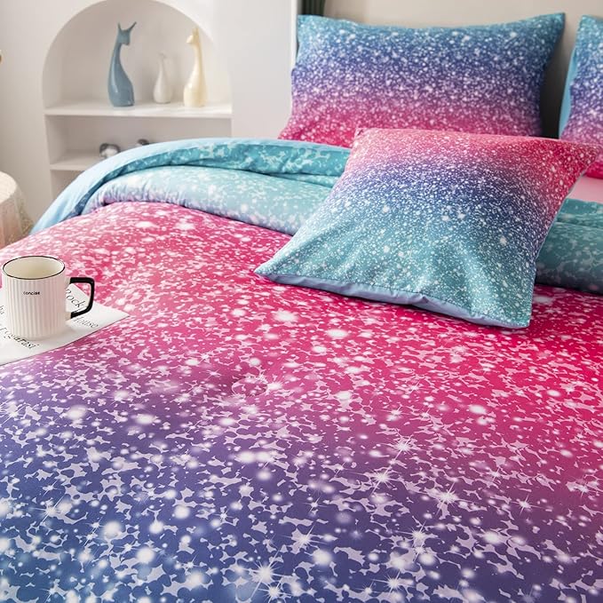 RYNGHIPY 6Pcs Gradient Glitter Bedding Set for Girls Twin Size, Colorful Rainbow All-Season Comforter Set, Ultra Soft Bedding Collections