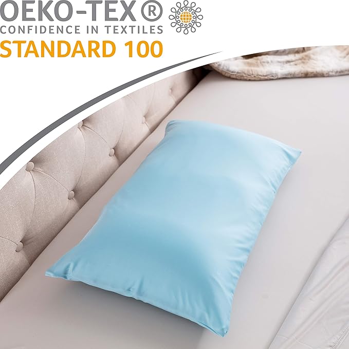 PILLOWY Premium Microbead Bed Pillow, Small Extra Fluffy But Supportive - Ultra Comfortable Sleep with Silk Like Anti Aging Cover 85% Spandex/ 15% Nylon Breathable, Cooling Sweet Baby Blue