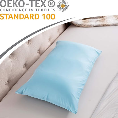 PILLOWY Premium Microbead Bed Pillow, Small Extra Fluffy But Supportive - Ultra Comfortable Sleep with Silk Like Anti Aging Cover 85% Spandex/ 15% Nylon Breathable, Cooling Sweet Baby Blue