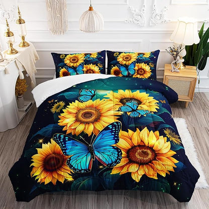 Yellow Sunflower Bedding Blue Butterfly Comforter 3Pcs Full Black Floral Botanical Pattern Quilt Set for Kid Teen Girl Boy Romantic Starlight Bed Decor Set with 1 Comforter and 2 Pillowcases