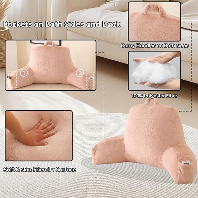 Reading Pillow for Sitting in Bed, Large Backrest Reading Pillow with Arm Rest,Back-Rest Support Cushion for Sit Up on Couch, Sofa, and Floor(Shell Pink Faux Fur, Standard(17"))